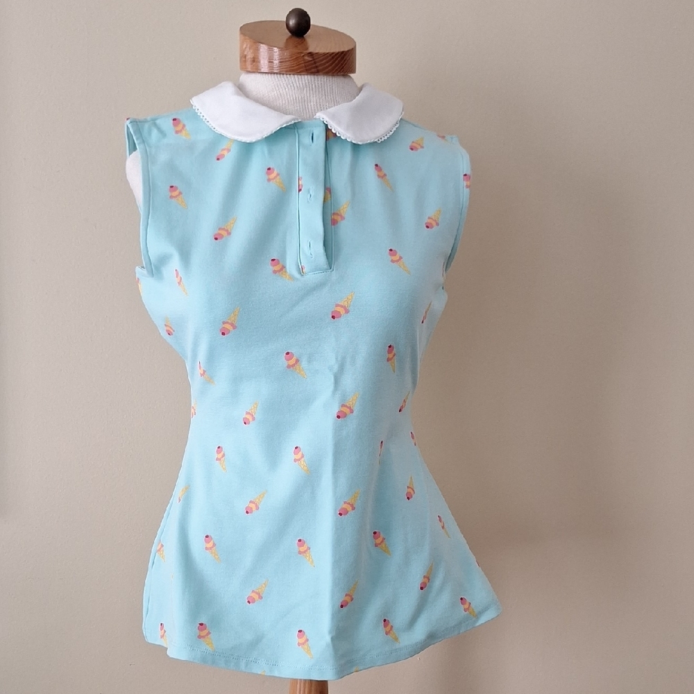 Vintage Style Aqua Blouse with Ice Cream Print